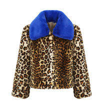 Leopard Faux Fur Jacket with Blue Collar