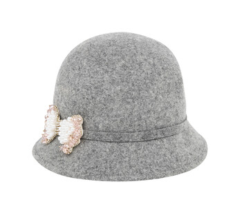 Pale Grey Hat with Pink Diamante Bow Detail