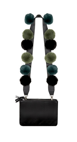 Leather Double Bag with Green Pom Pom Strap