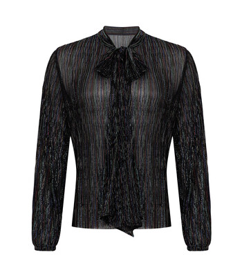 Black & Multi Coloured Metallic Striped Shirt with Bow Neck