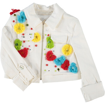 Cream Frayed Floral Denim Jacket